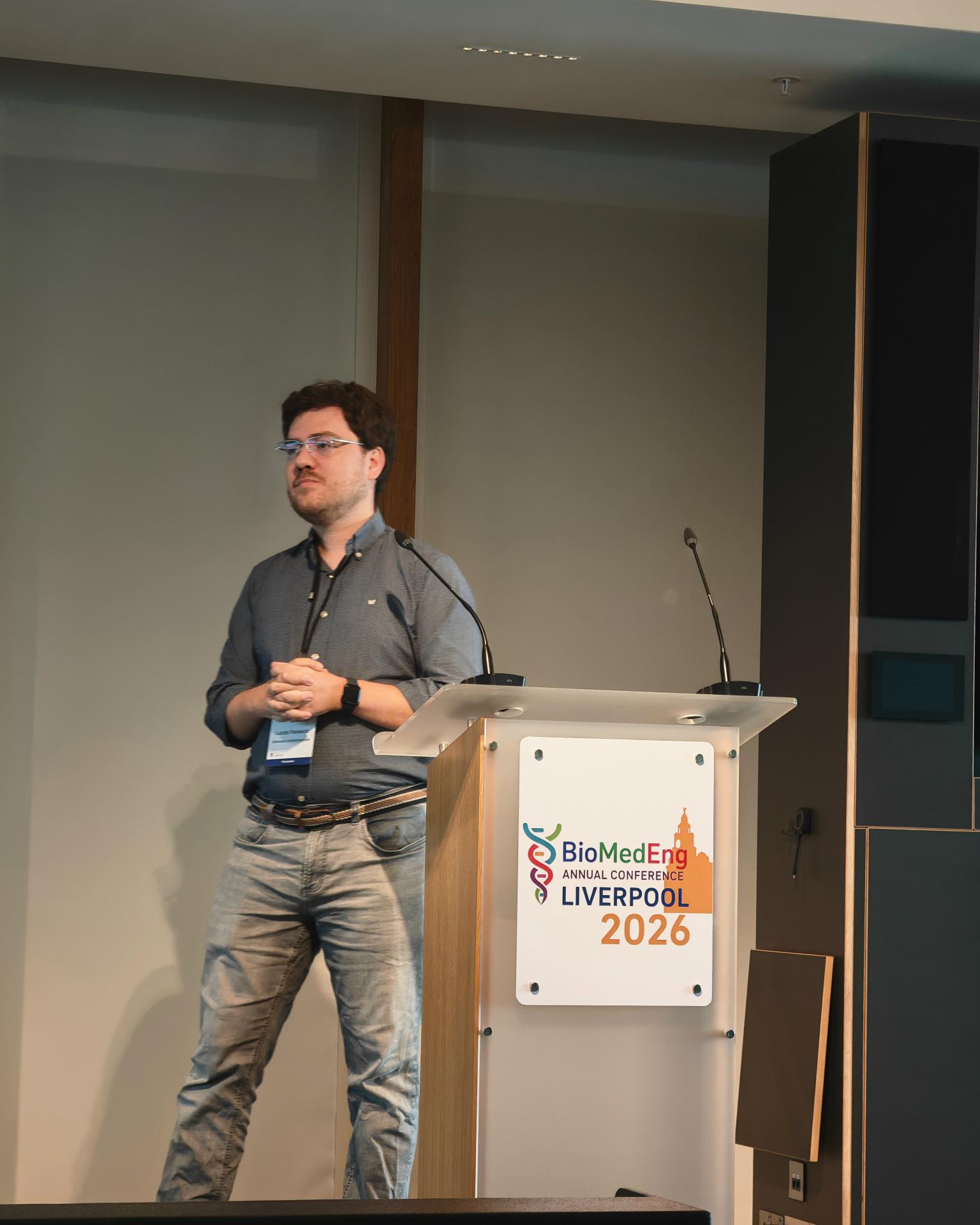 Lucas Fonseca presenting at the BioMedEng 2026 conference in Liverpool.